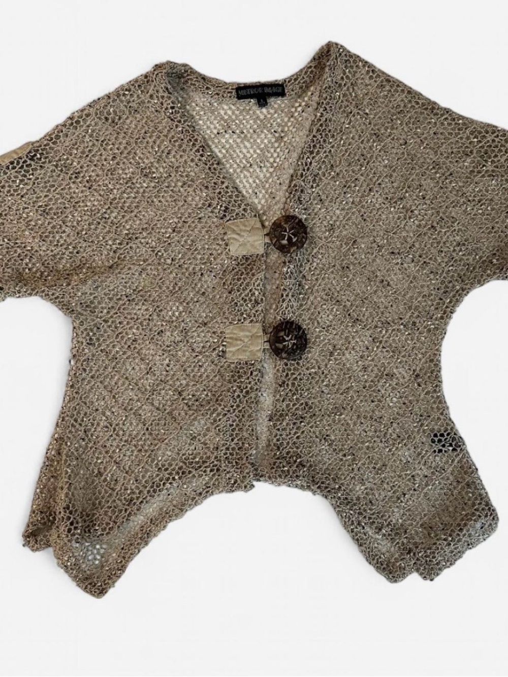 Open-Weave Tan/Light Brown Short Sleeve Cardigan with Buttons